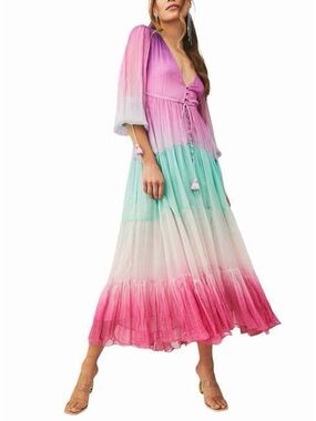 Rococo Sand Tricolor Ombre Pink to Mint to Purple Tiered Maxi Dress size Small